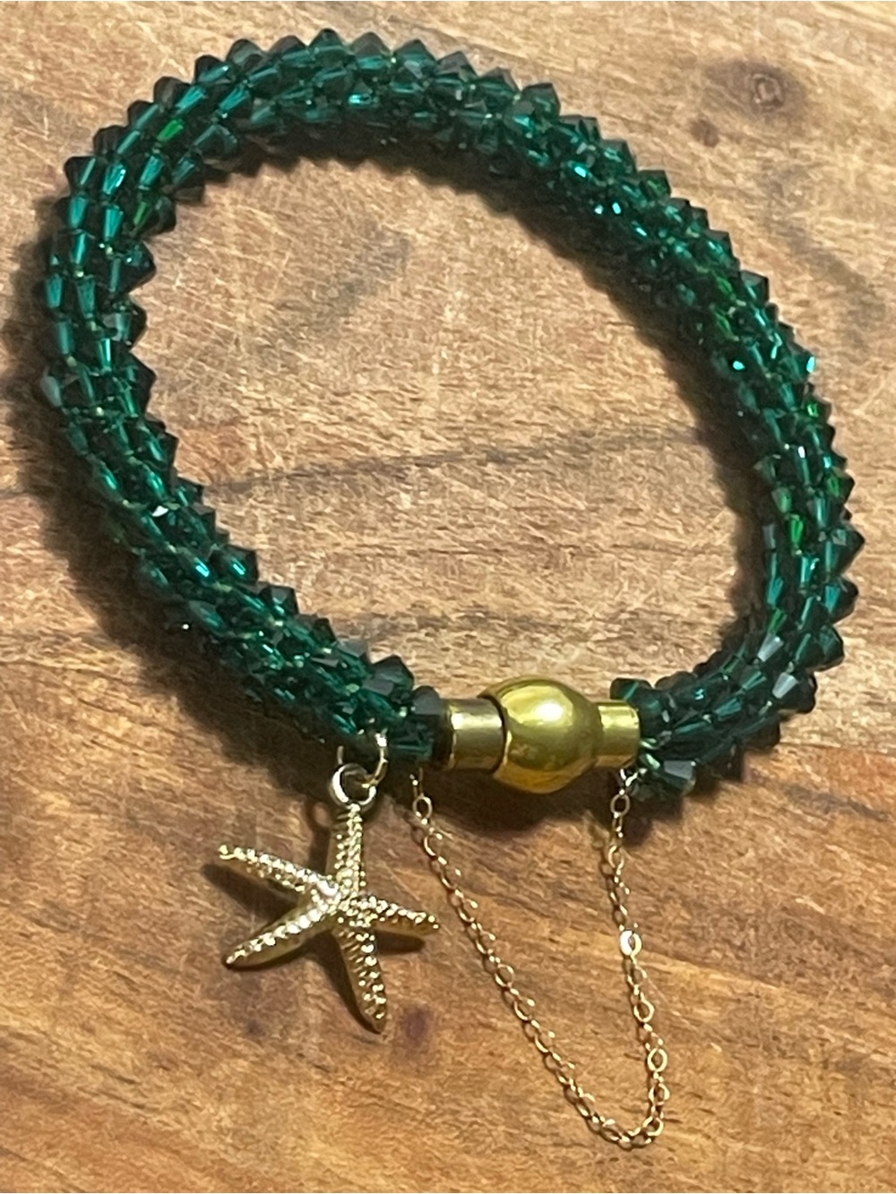 Vintage Austrian Green Crystal Beaded Wrap Bracelet with Gold Starfish Charm
